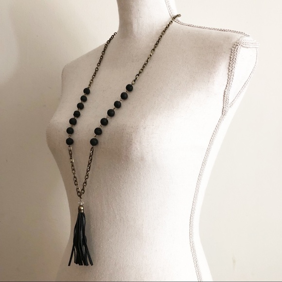 NWOT MARLYN SCHIFF Boho Tiny Chain Link Long Necklace with Black Leather Tassel - Picture 2 of 16